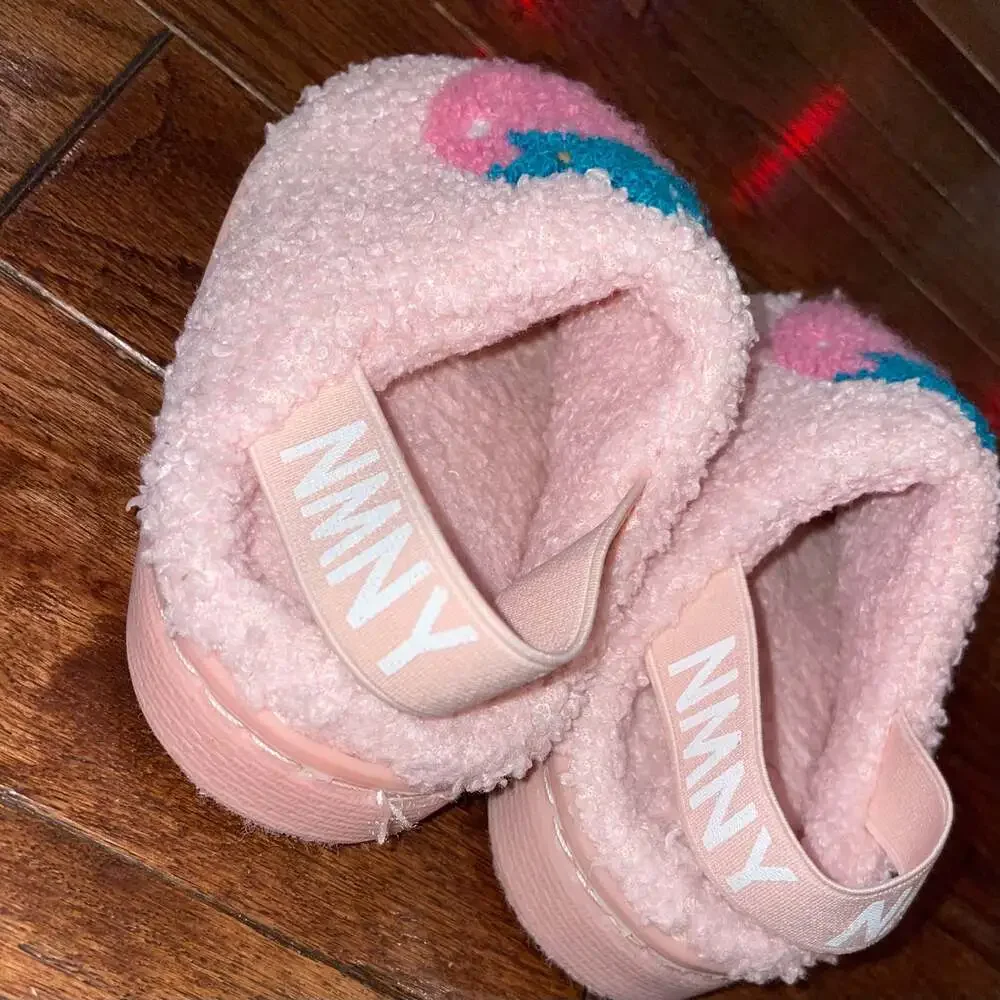 Kids Strawberry Teddy Fleece Slippers Pink Cozy House Shoes Size 5-6